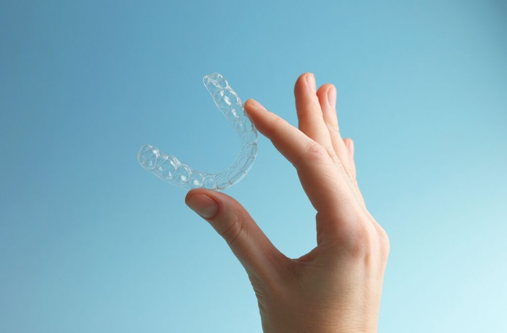 A hand is holding an invisalign tray in front of a blue background.