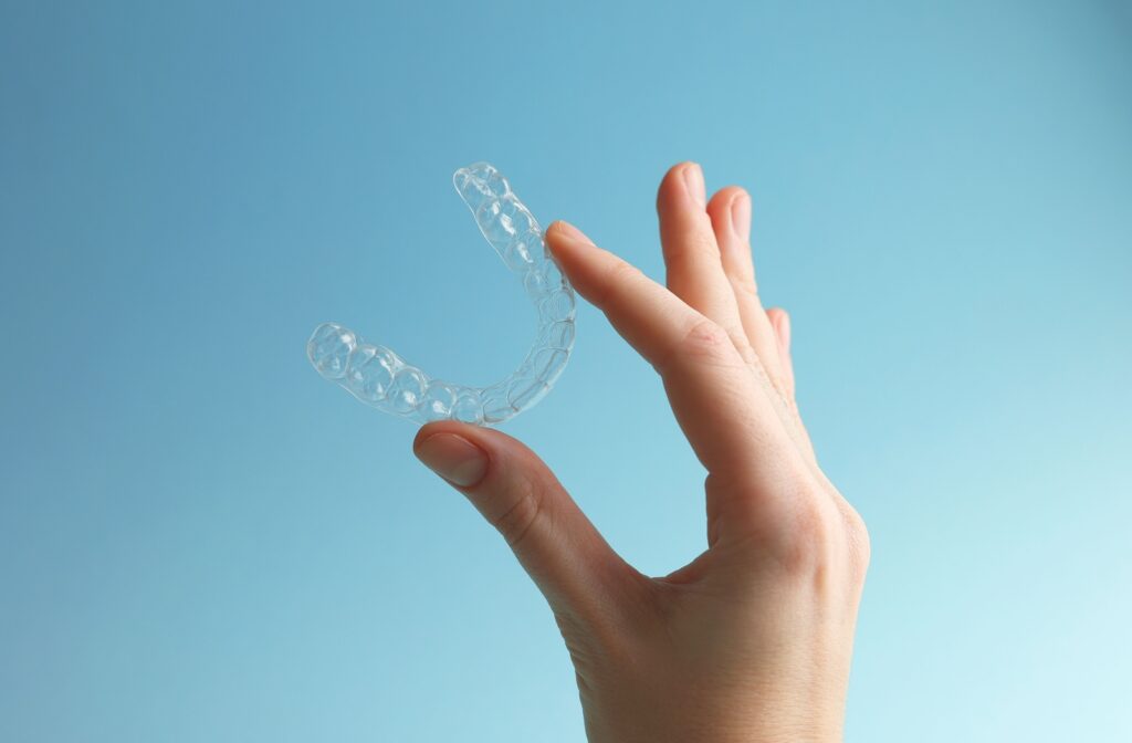 A hand holding up an Invisalign clear aligner in front of a blue background.