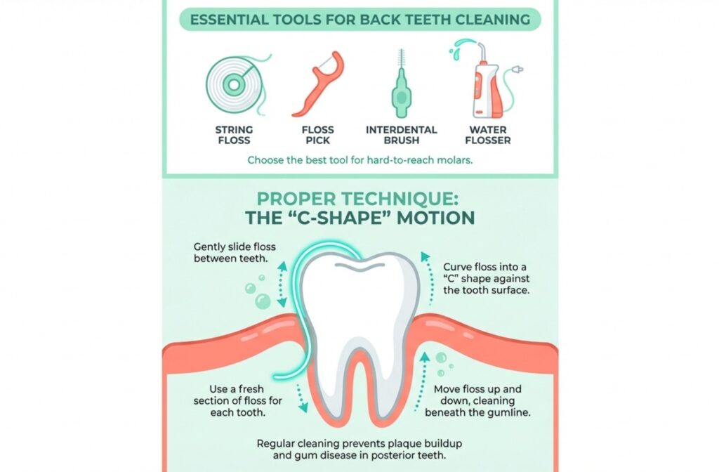 An infographic showing the types of floss and floss alternative options, as well as the proper flossing c-shape technique.